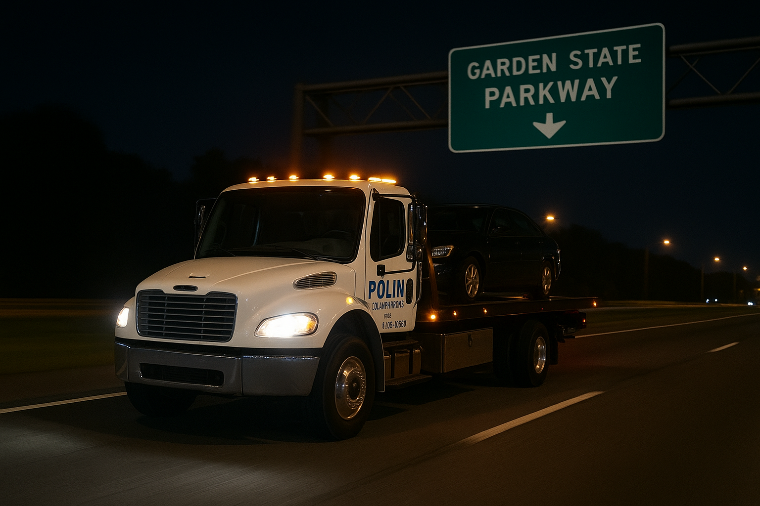 A reliable 24-hour tow truck providing emergency vehicle recovery in New Jersey at night.