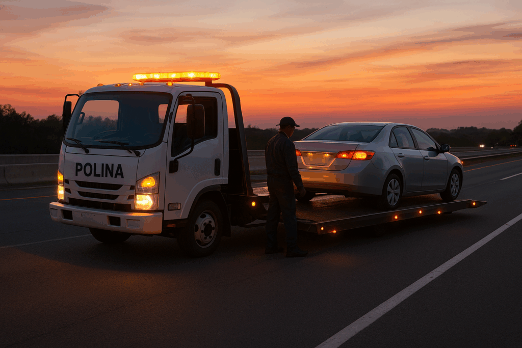 Polina Transporter LLC flatbed tow truck assisting a stranded driver on a New Jersey highway at dusk
