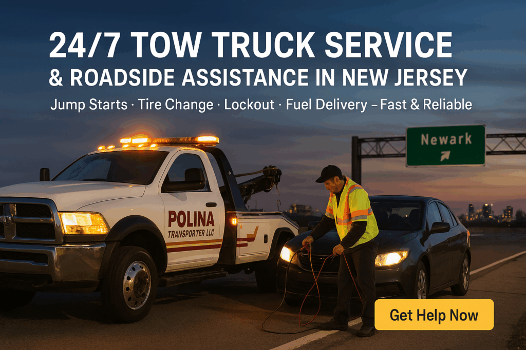Polina Transporter LLC tow truck providing 24/7 roadside assistance in New Jersey