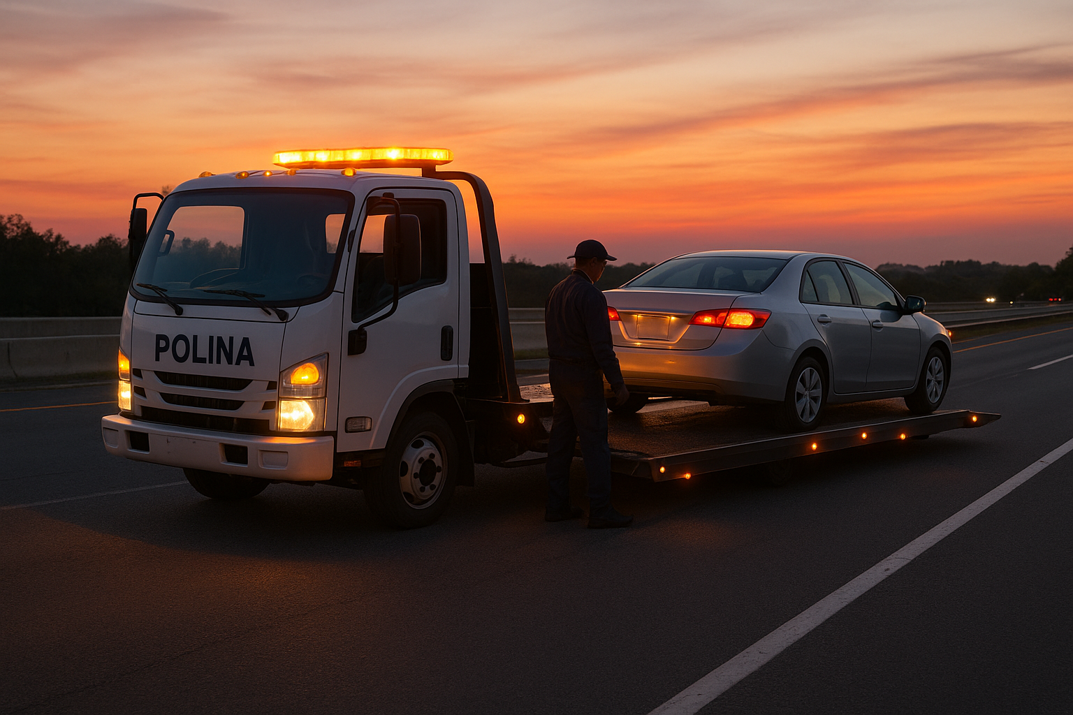 Polina Transporter LLC flatbed tow truck assisting a stranded driver on a New Jersey highway at dusk