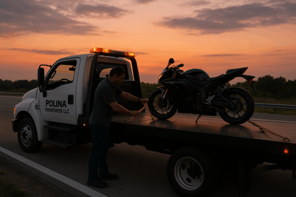 Polina Transporter LLC flatbed with motorcycle secured by wheel chock and soft straps for safe transport.