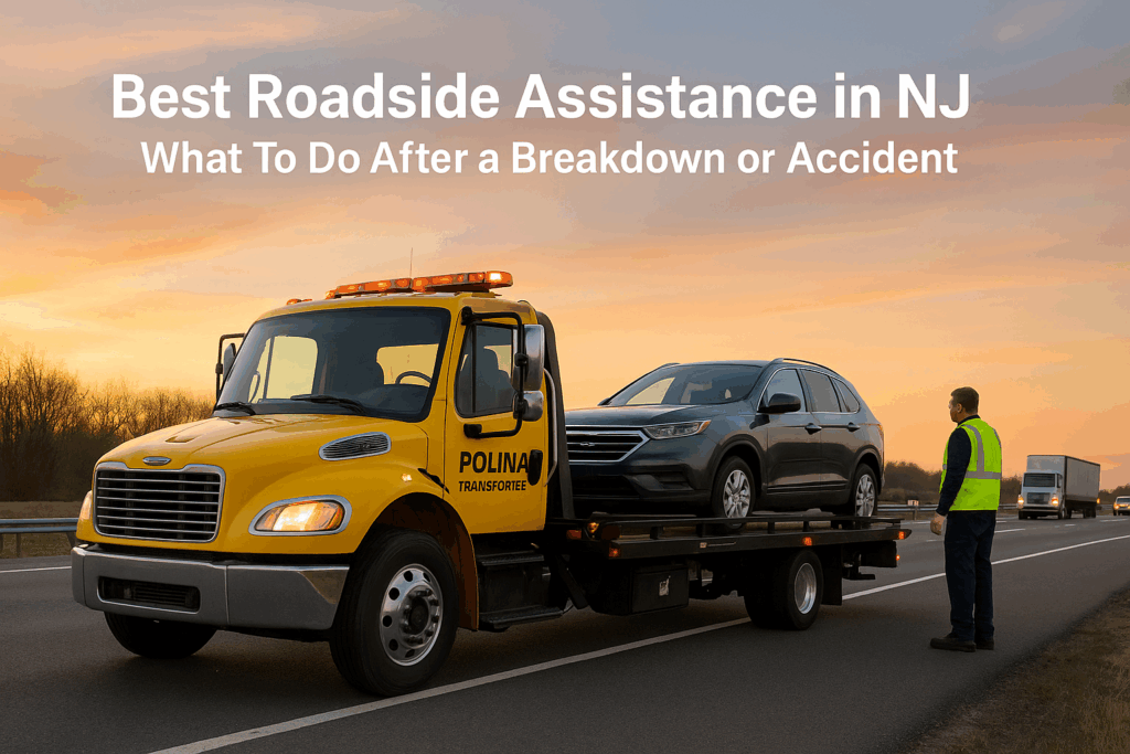 A tow truck providing roadside assistance to a car breakdown in New Jersey on a highway, ensuring safe and quick help.
