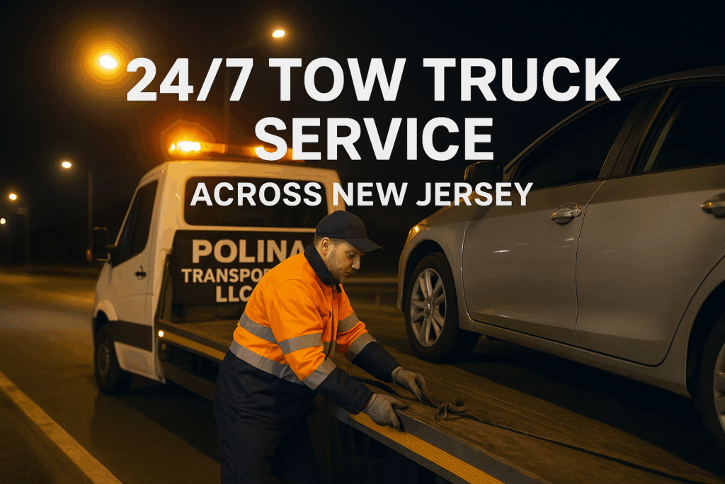 Tow truck operator from Polina Transporter LLC loading a car onto a flatbed truck at night, showcasing 24/7 tow truck service across New Jersey.