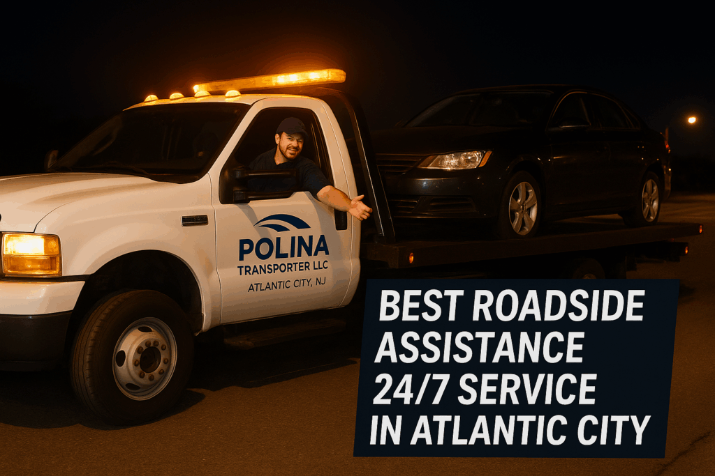 Polina Transporter LLC tow truck assists a stranded sedan at night in Atlantic City, NJ — 24/7 roadside assistance.