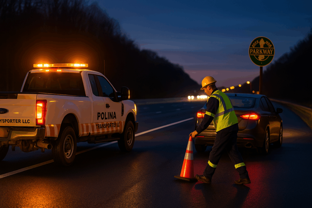 Tow truck providing 24/7 emergency road service on a New Jersey highway at night.