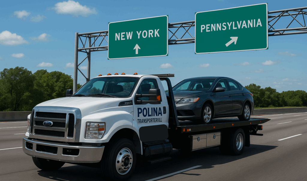 Flatbed tow truck from Polina Transporter LLC carrying a sedan on the New Jersey Turnpike with signs for New York and Pennsylvania, showing interstate towing service.