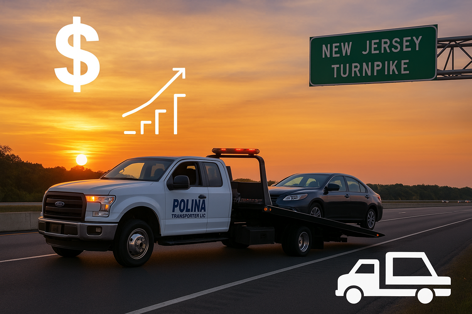 Polina Transporter LLC tow truck assisting with vehicle recovery on the New Jersey Turnpike, showing towing rates and cost per mile factors.