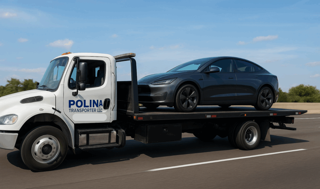 A professional flatbed tow truck safely transporting an electric vehicle on a highway, demonstrating expert EV and hybrid vehicle towing services.