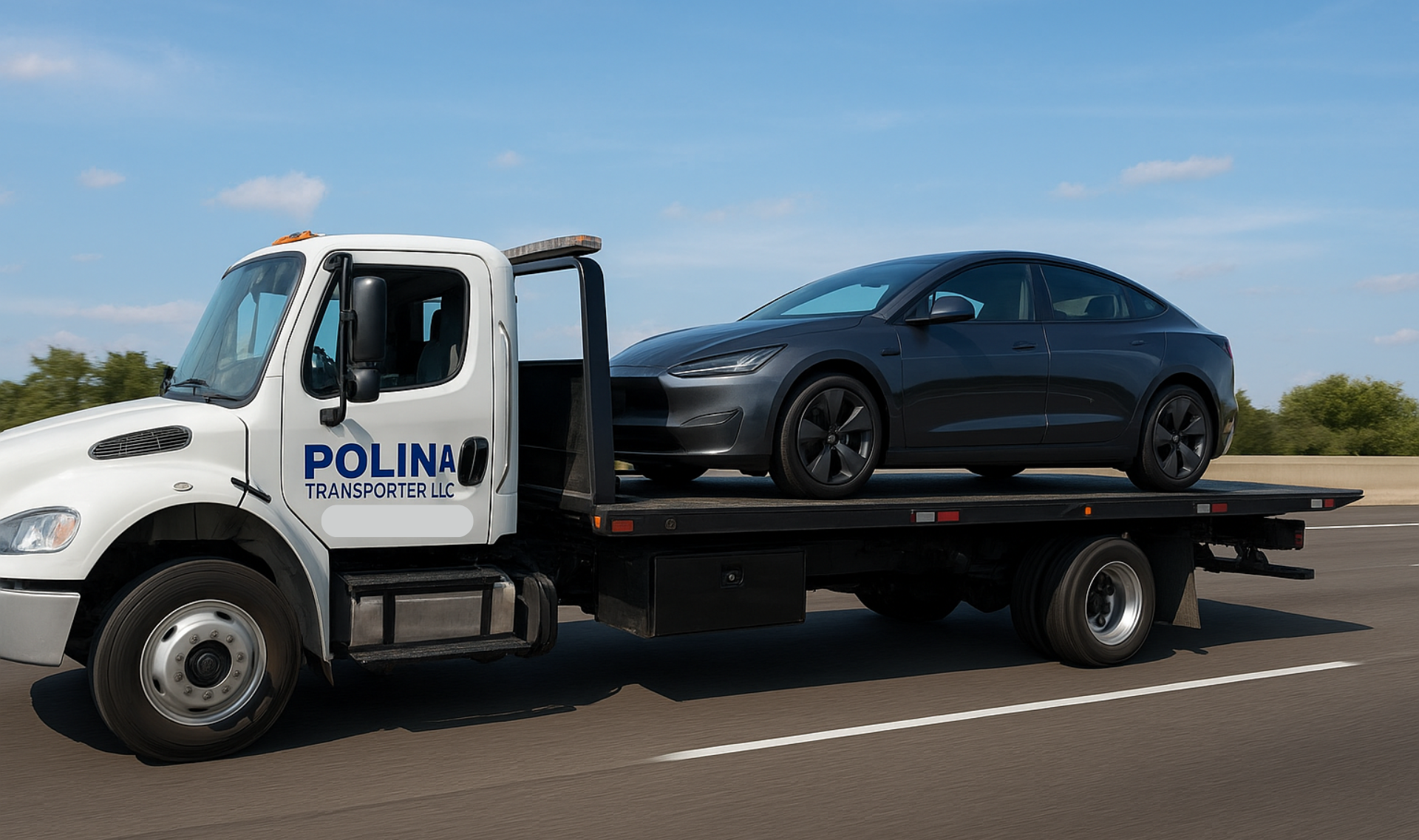 A professional flatbed tow truck safely transporting an electric vehicle on a highway, demonstrating expert EV and hybrid vehicle towing services.