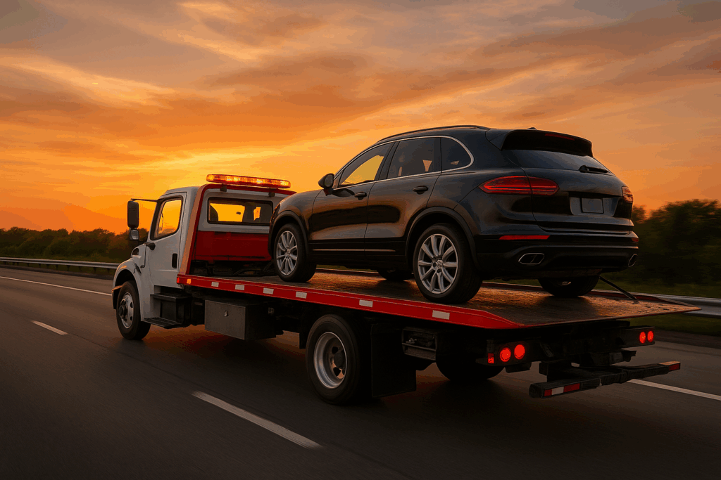 Flatbed tow truck in New Jersey hauling an SUV for interstate towing.