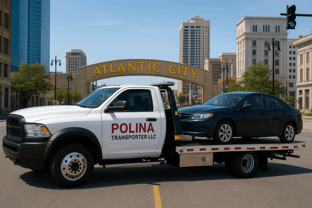 White Polina Transporter LLC tow truck hauling a blue sedan under the Atlantic City sign in New Jersey.