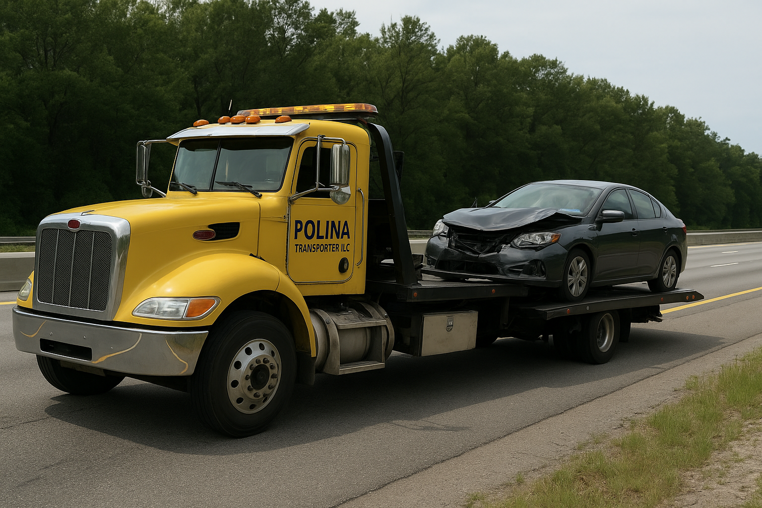 Polina Transporter LLC flatbed performing accident towing recovery on a New Jersey highway, vehicle secured for long-distance transport.