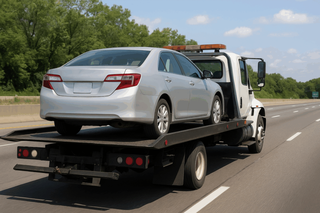 Flatbed tow truck transporting a car on a New Jersey highway during daylight for professional vehicle recovery.