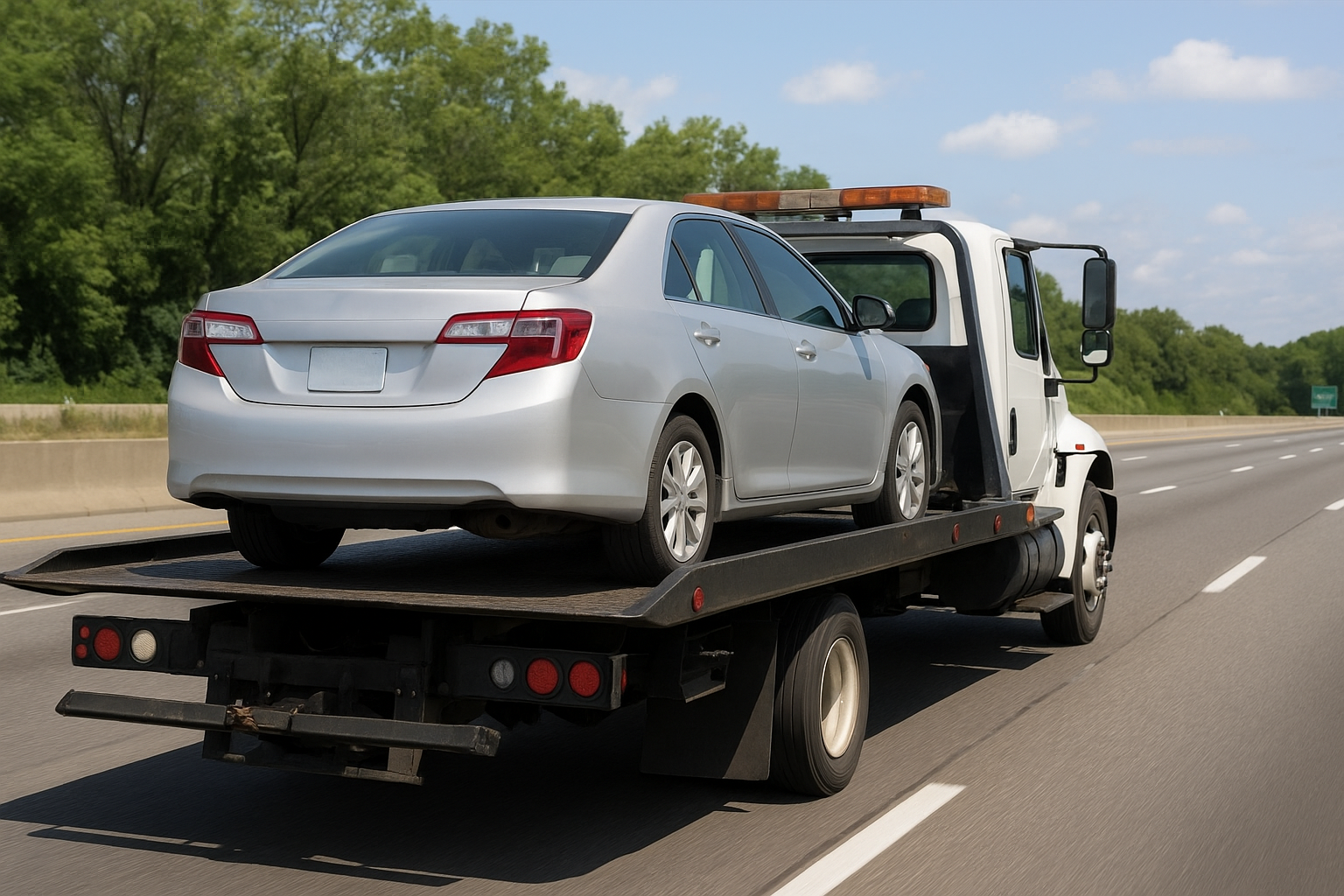 Flatbed tow truck transporting a car on a New Jersey highway during daylight for professional vehicle recovery.