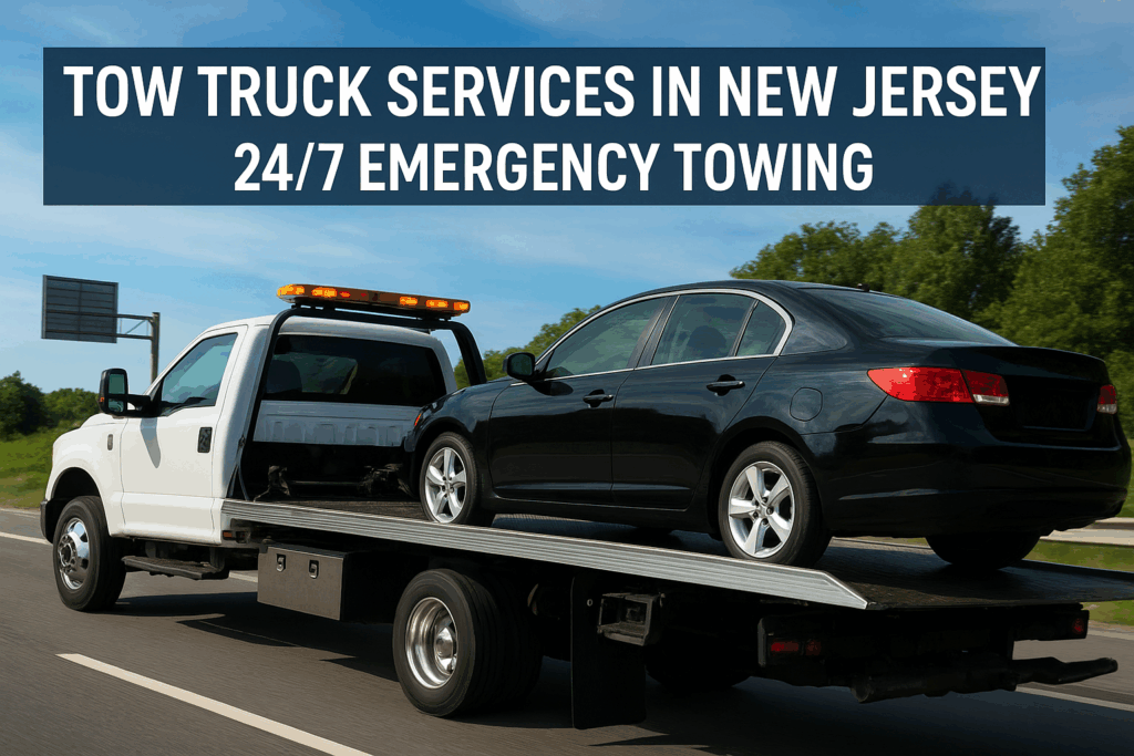 Tow truck in New Jersey towing a black sedan on a highway under clear skies, representing 24/7 emergency towing services by Polina Transporter LLC.