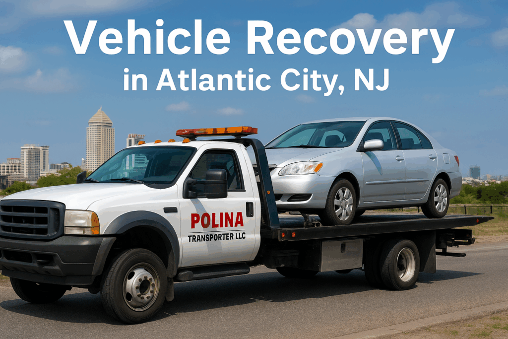 A Polina Transporter LLC tow truck recovering a silver sedan in Atlantic City, NJ with the city skyline in the background.