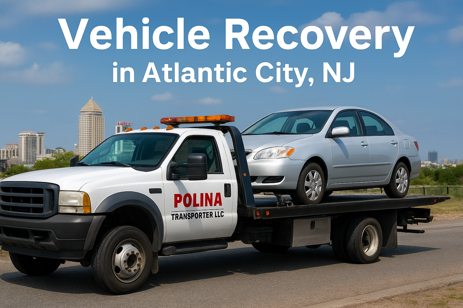 A Polina Transporter LLC tow truck recovering a silver sedan in Atlantic City, NJ with the city skyline in the background.