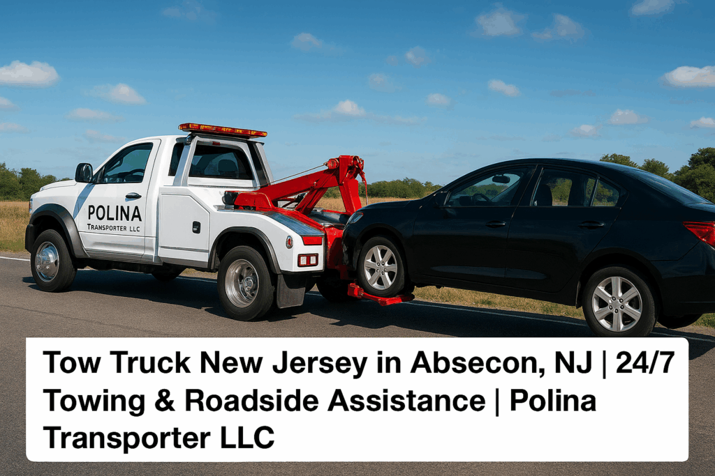 Tow truck assisting a car on a roadside in Absecon, New Jersey – 24/7 towing and recovery service by Polina Transporter LLC.