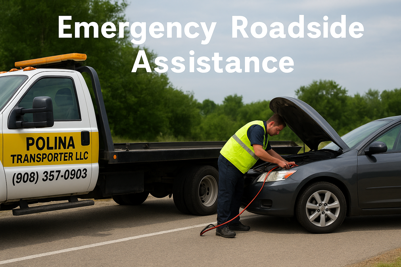 Polina Transporter LLC tow truck parked while a technician helps with a jump start.